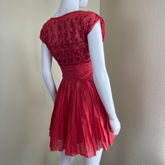 Free People Women's Size 2 Rose Garden Eyelet Embroidered Red Poppy Mini Dress - Picture 13 of 16